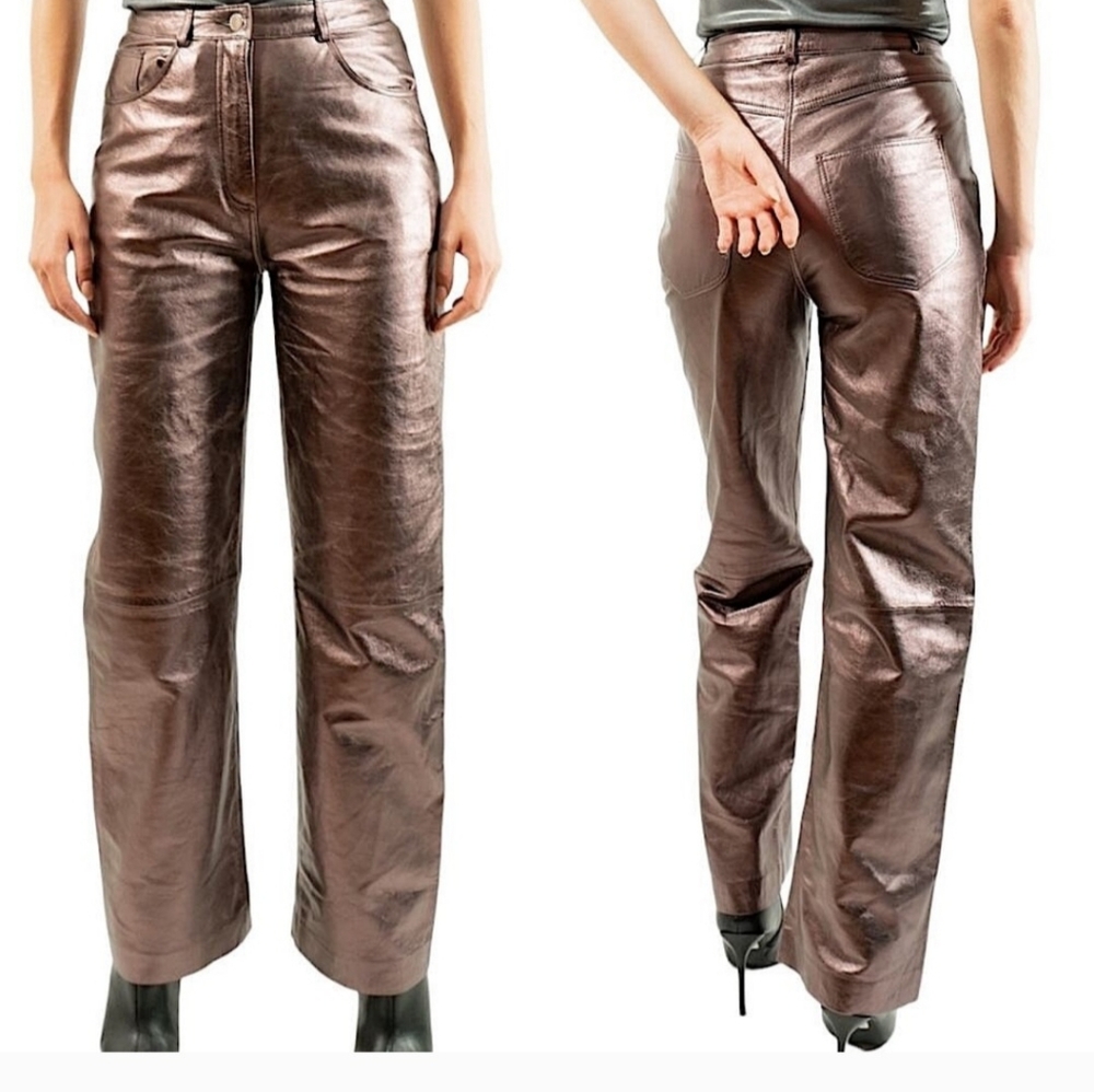 Muubaa Amy Straight Leg Leather Jeans, Pewter Metallic